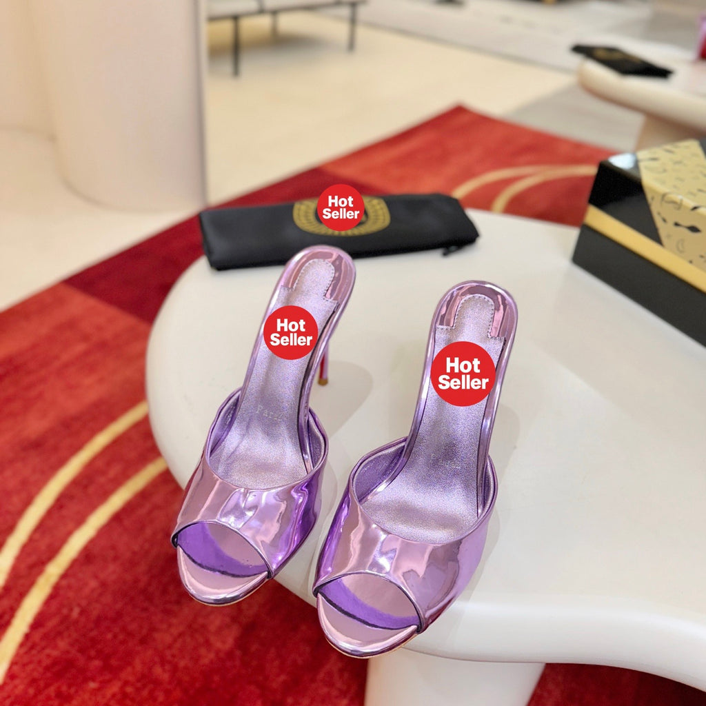 Purple peep-toe high-heeled mules, 10cm heel.