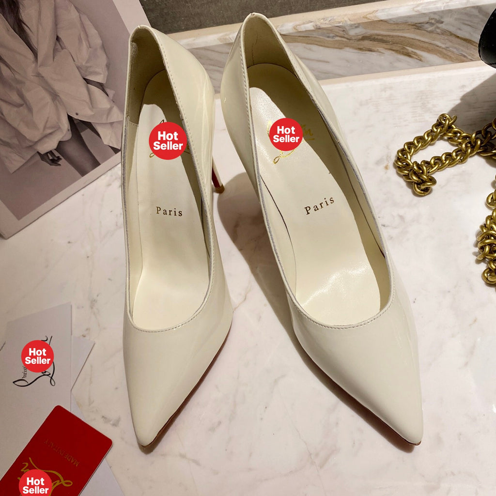 White patent cowhide high heels, 10cm heel.