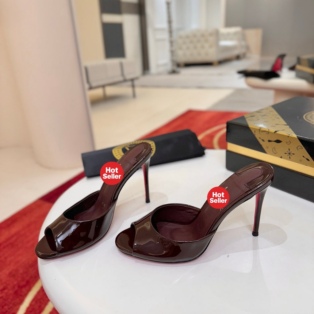 Dark-colored patent leather peep-toe high-heeled mules (10cm heel)