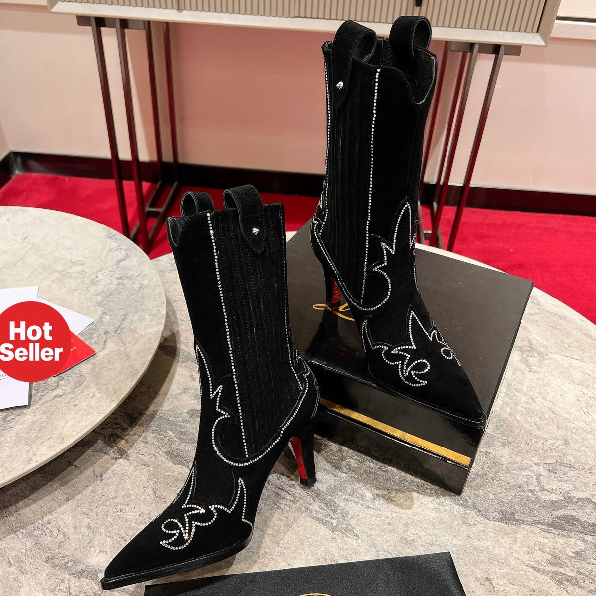 Black suede long boots, 8.5cm stiletto heels.