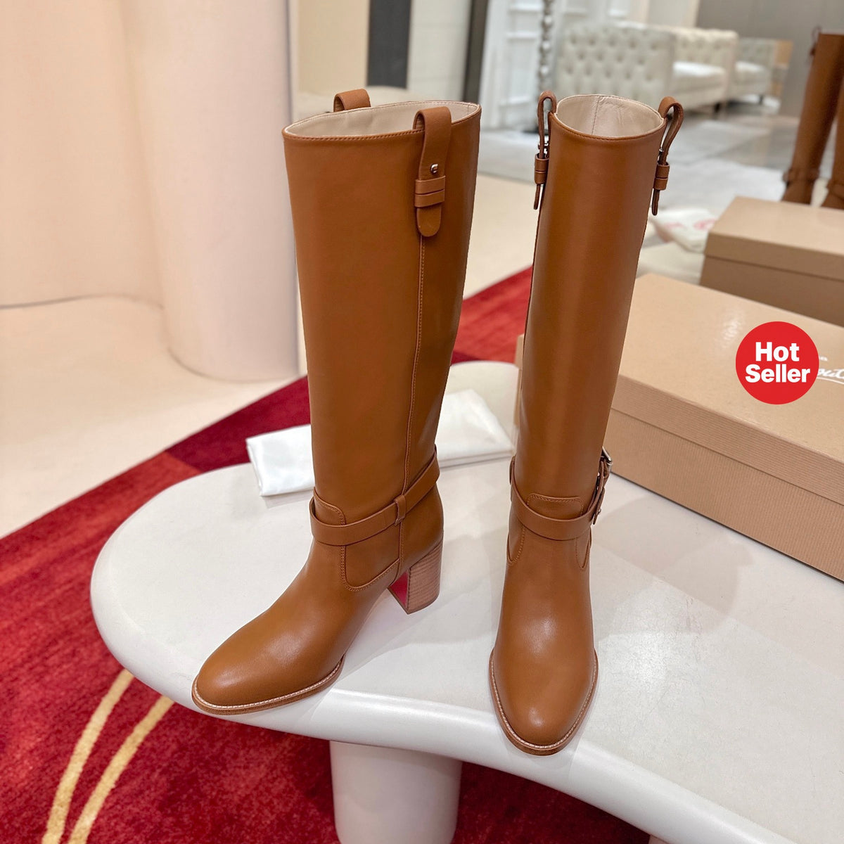 Brown calfskin tall boots, 7cm heel.