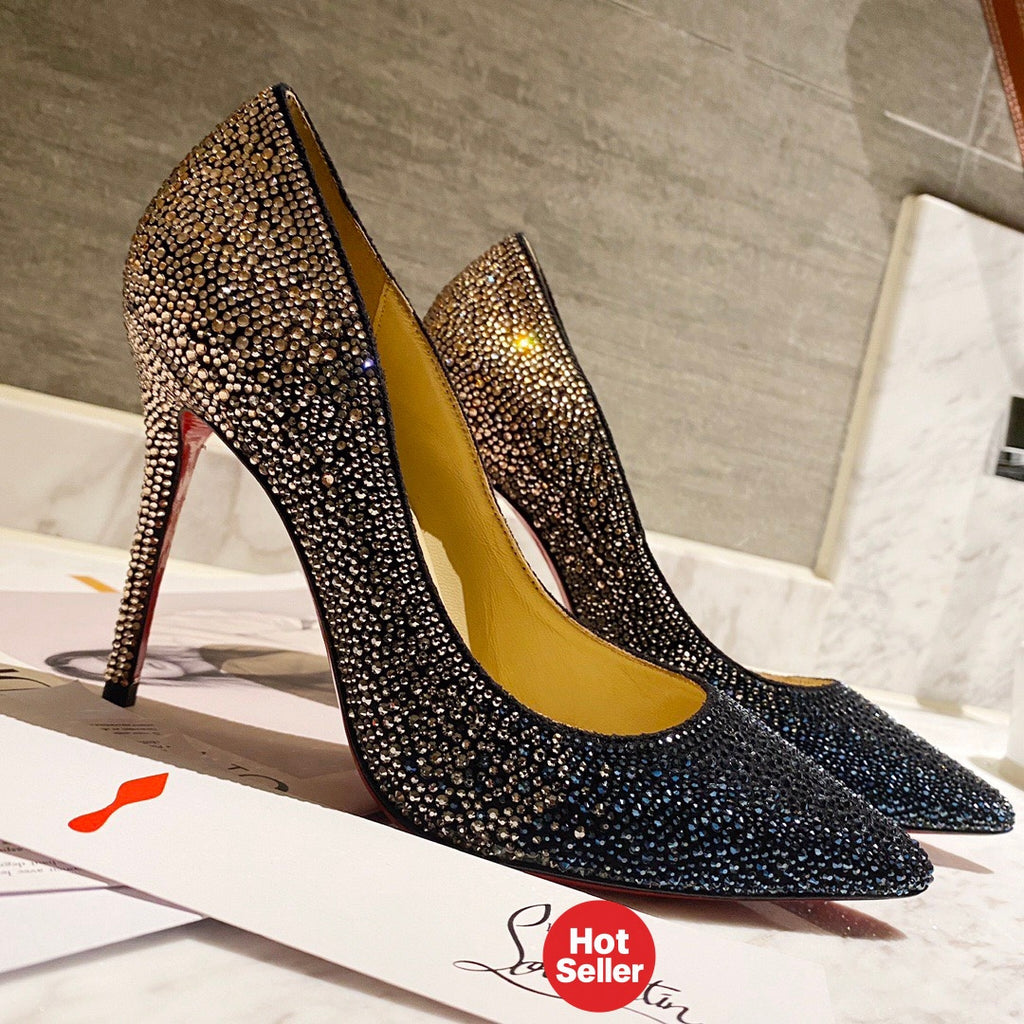 Peacock blue fully rhinestone-encrusted high heels, 10cm heel.