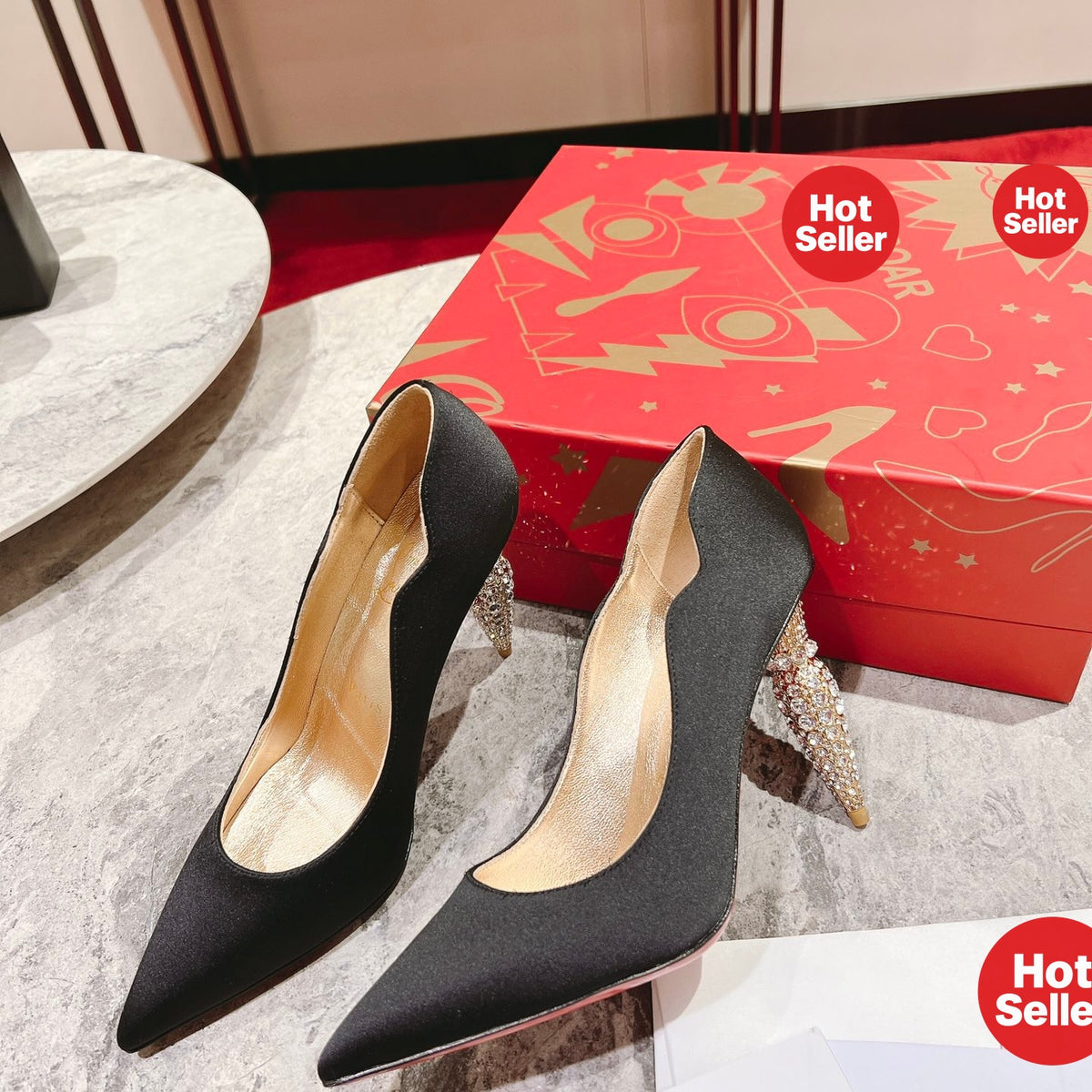 Black cashmere high heels, 10cm heel.