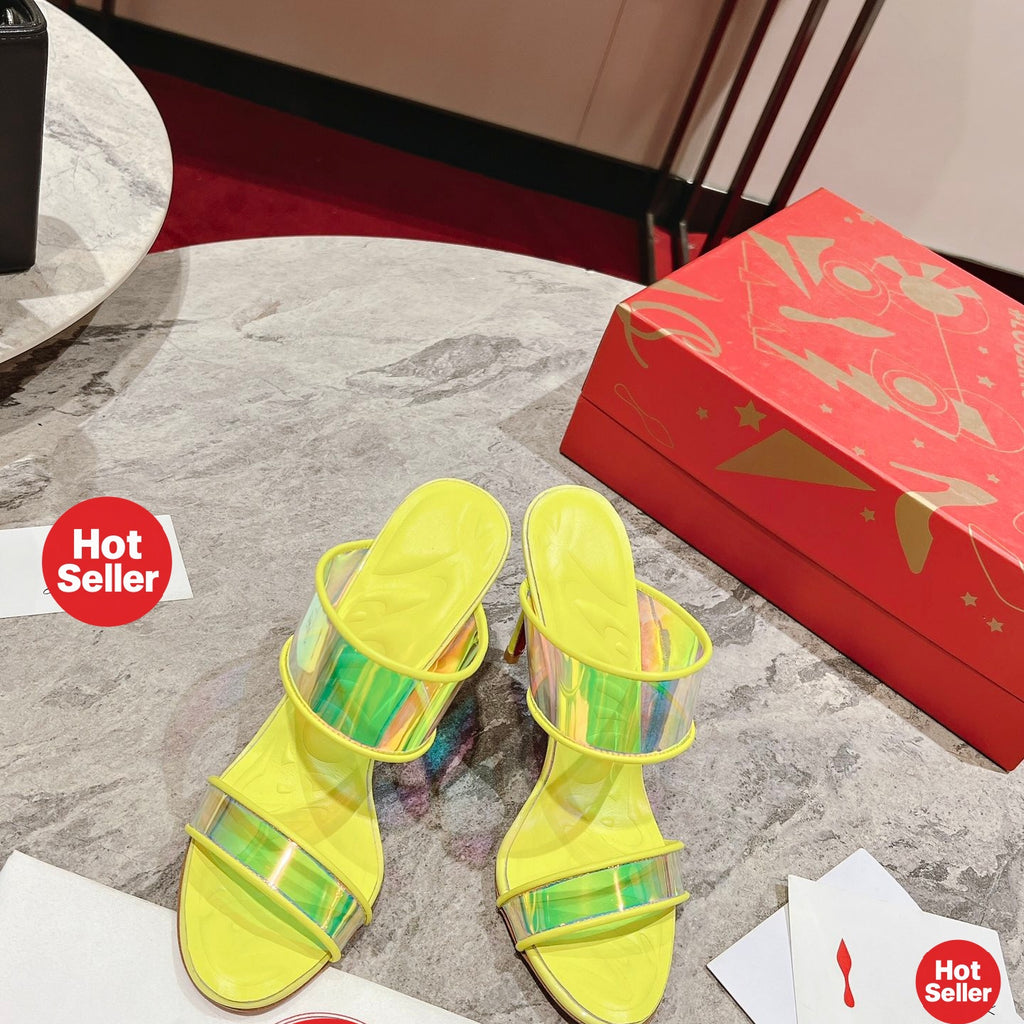 Yellow high-heeled mules, 10cm heel.