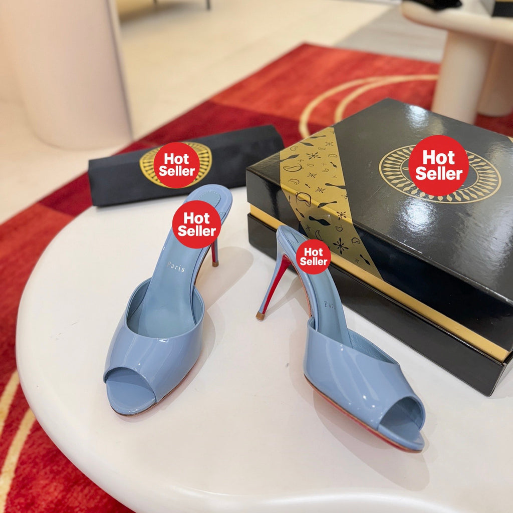 Light blue patent leather peep-toe high-heeled mules (10cm heel)