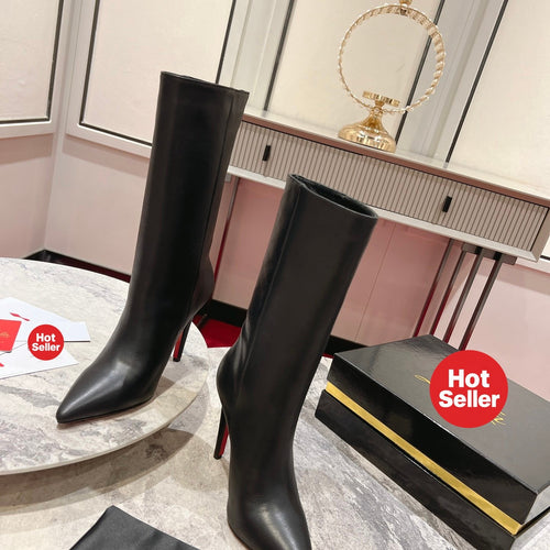 Black leather mid-calf boots, 10cm heel.
