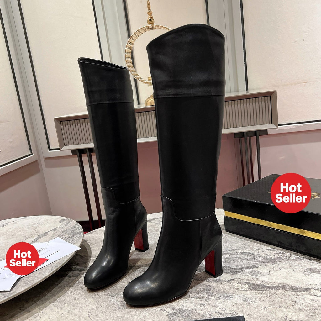 Black leather tall boots, 8.5cm heel.