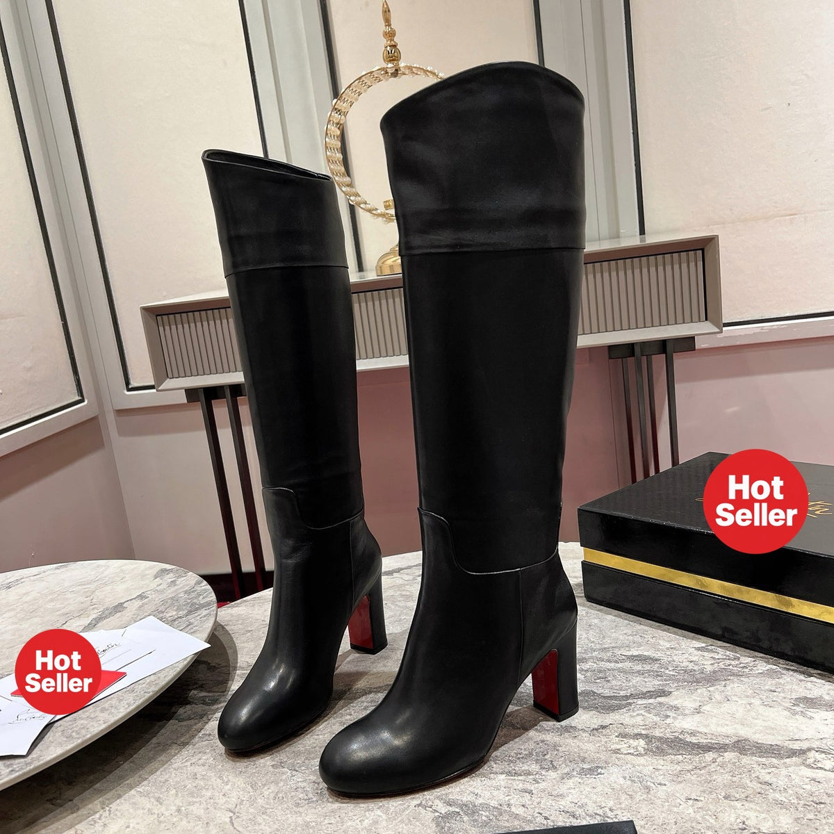 Black leather tall boots, 8.5cm heel.