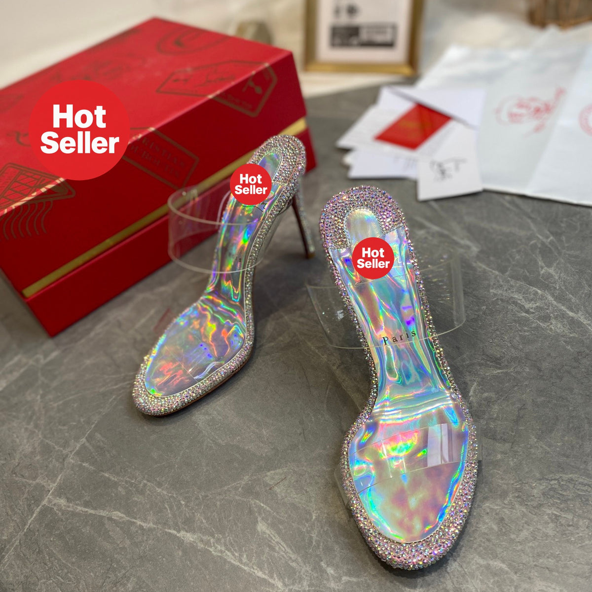 Clear Crystal-Style High-Heeled Mules (10cm Heel)
