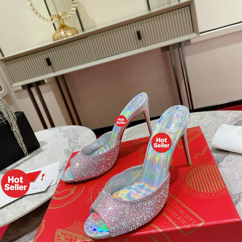 Peep-toe rhinestone high-heeled mules (10cm heel)