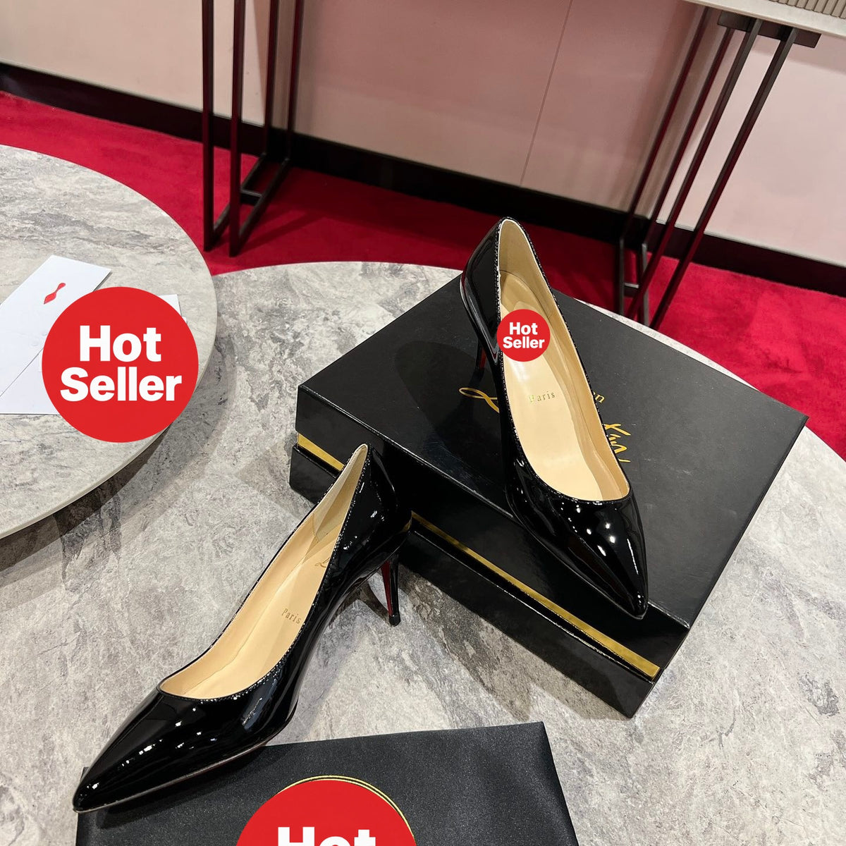 Black patent leather high heels, 8cm heel.