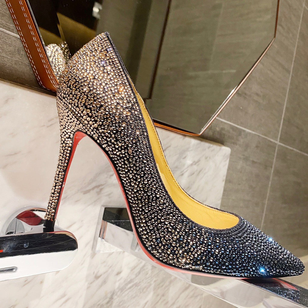 Peacock blue fully rhinestone-encrusted high heels, 10cm heel.