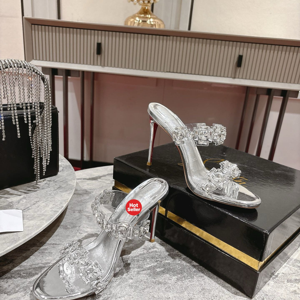 Rhinestone-embellished high-heeled mules, 10cm heel.