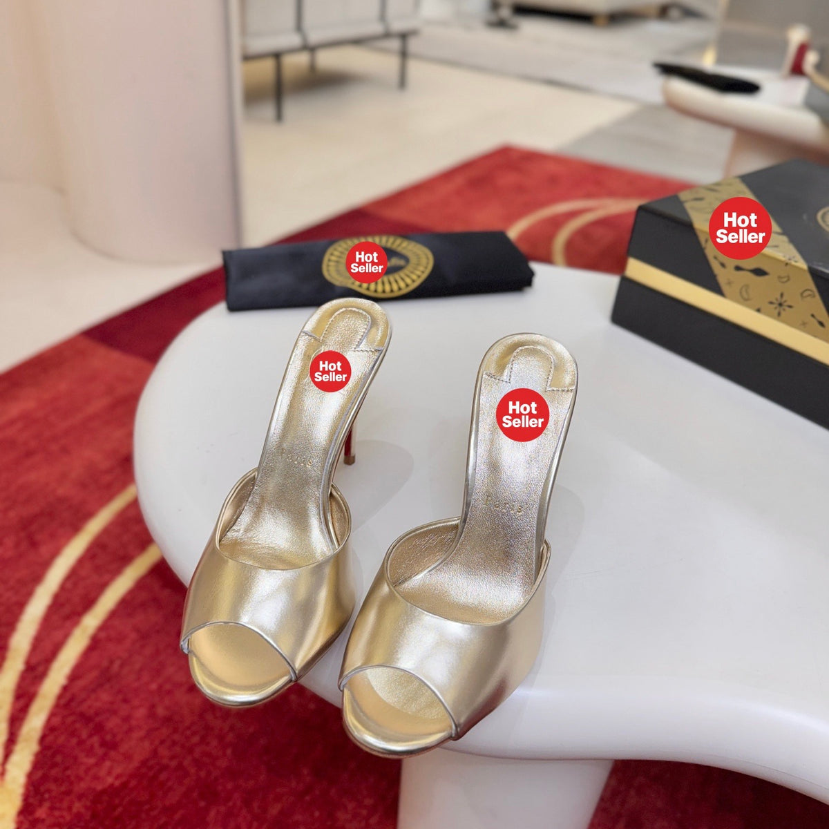 Peep-toe high-heeled mules, 10cm heel.