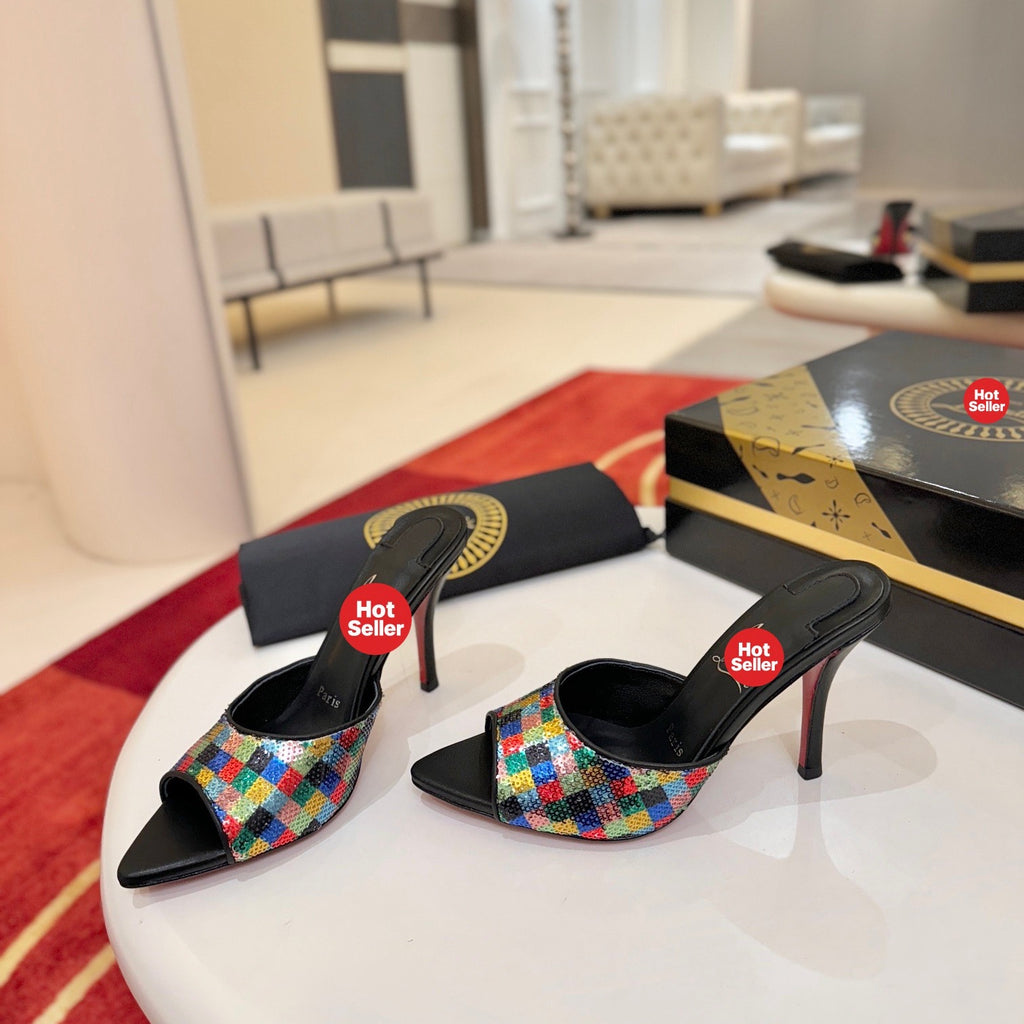 Pointed-toe sequin high-heeled mules (10cm heel)