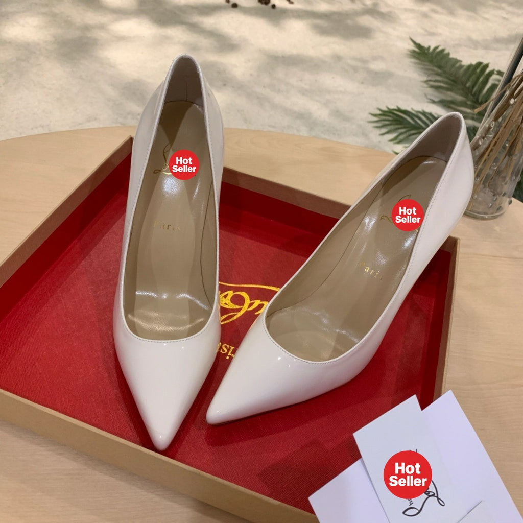 White patent cowhide high heels, 10cm heel.