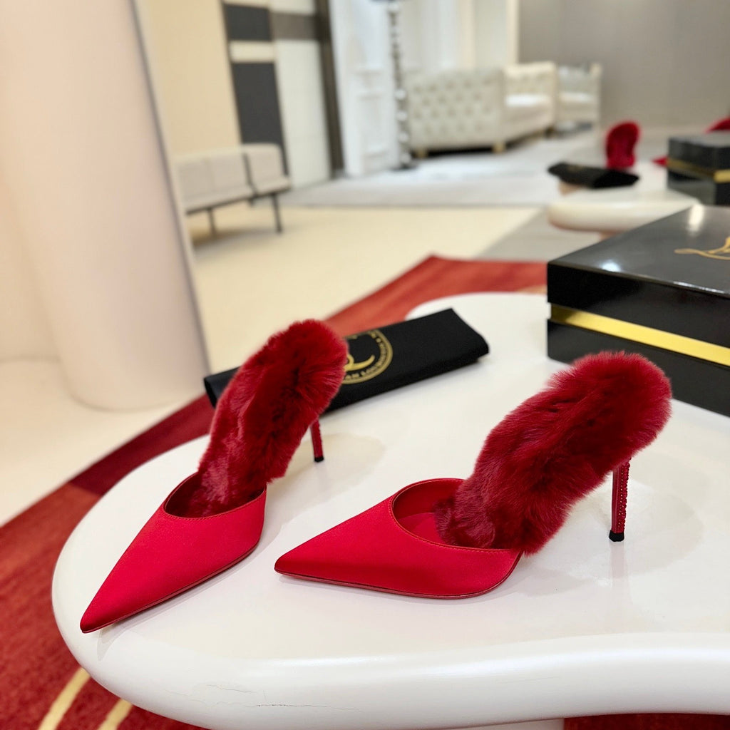 Red crystal backless high-heeled mules, 10cm heel.