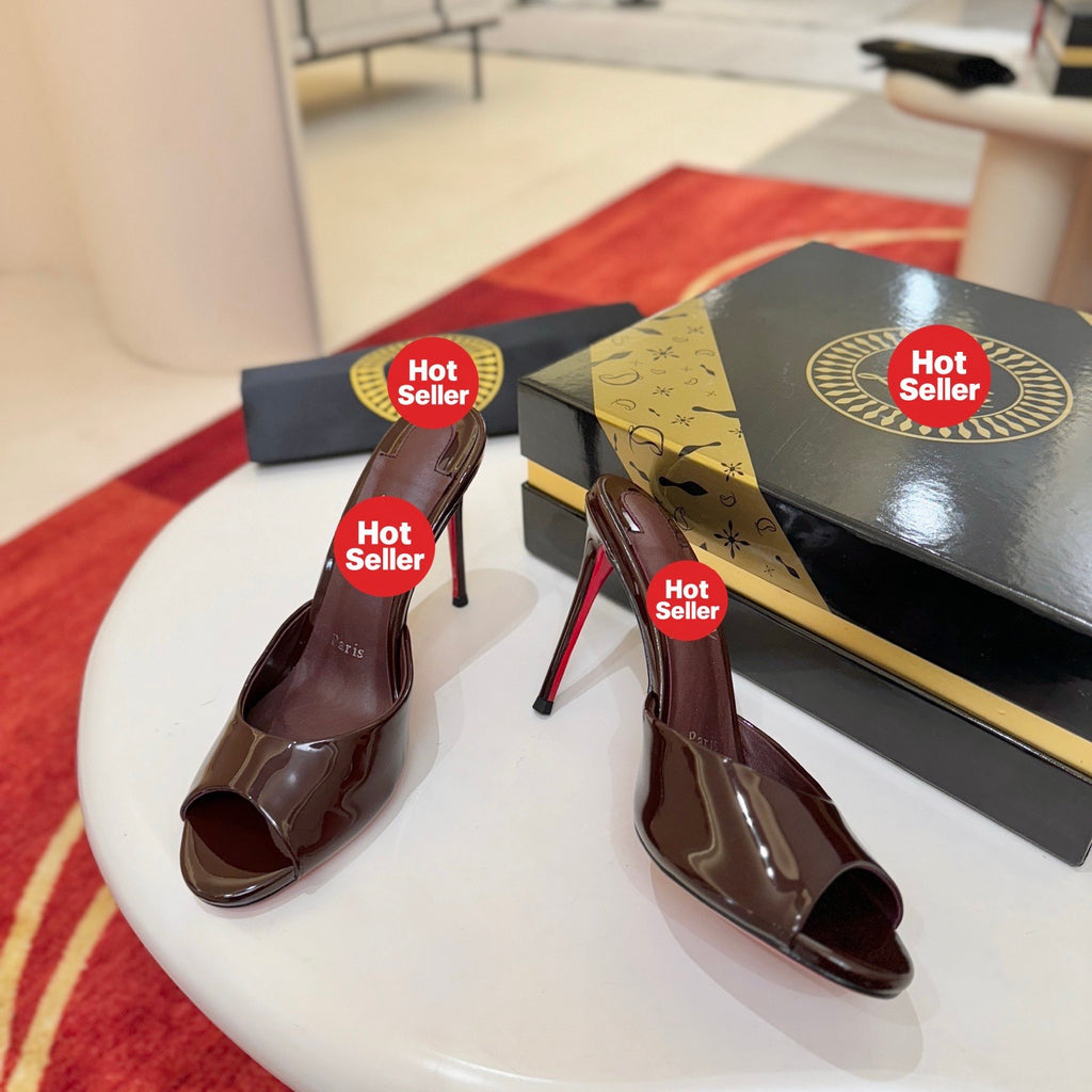 Dark-colored patent leather peep-toe high-heeled mules (10cm heel)