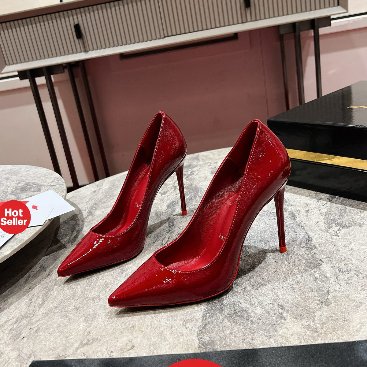 Burgundy patent cowhide high heels, 10cm heel.