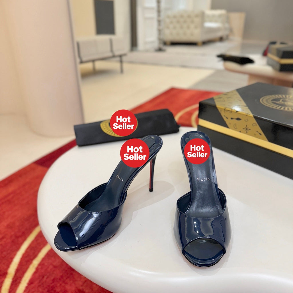 Deep blue patent leather peep-toe high-heeled mules, 10cm heel.