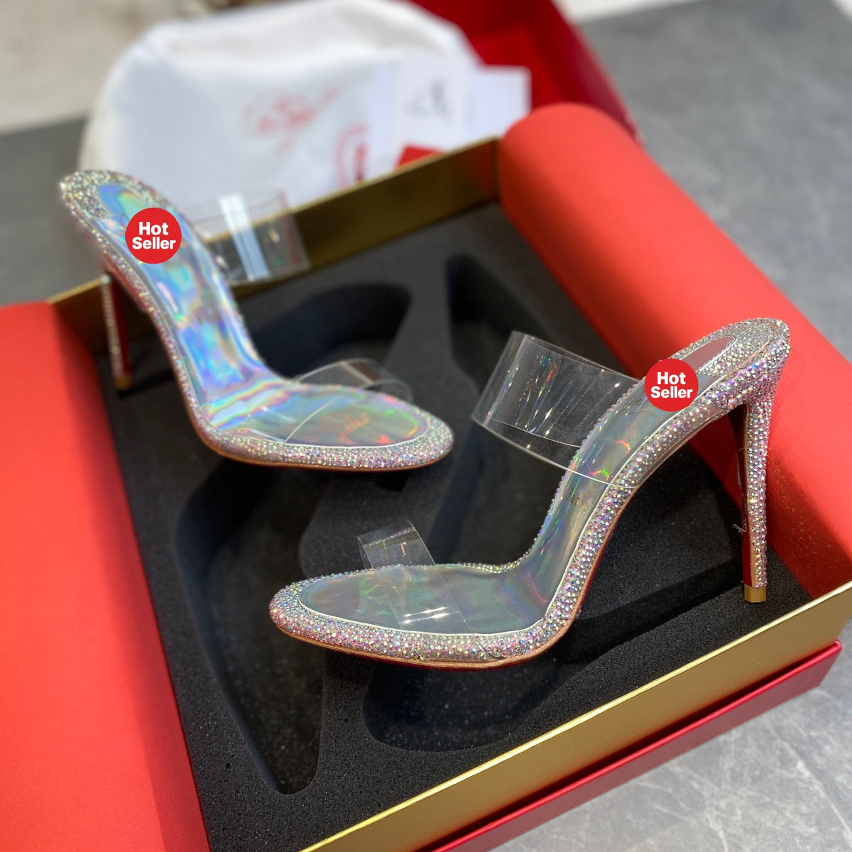 Clear Crystal-Style High-Heeled Mules (10cm Heel)
