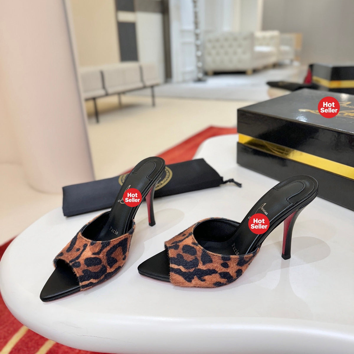 Leopard-print pointed-toe high-heeled mules (10cm heel)