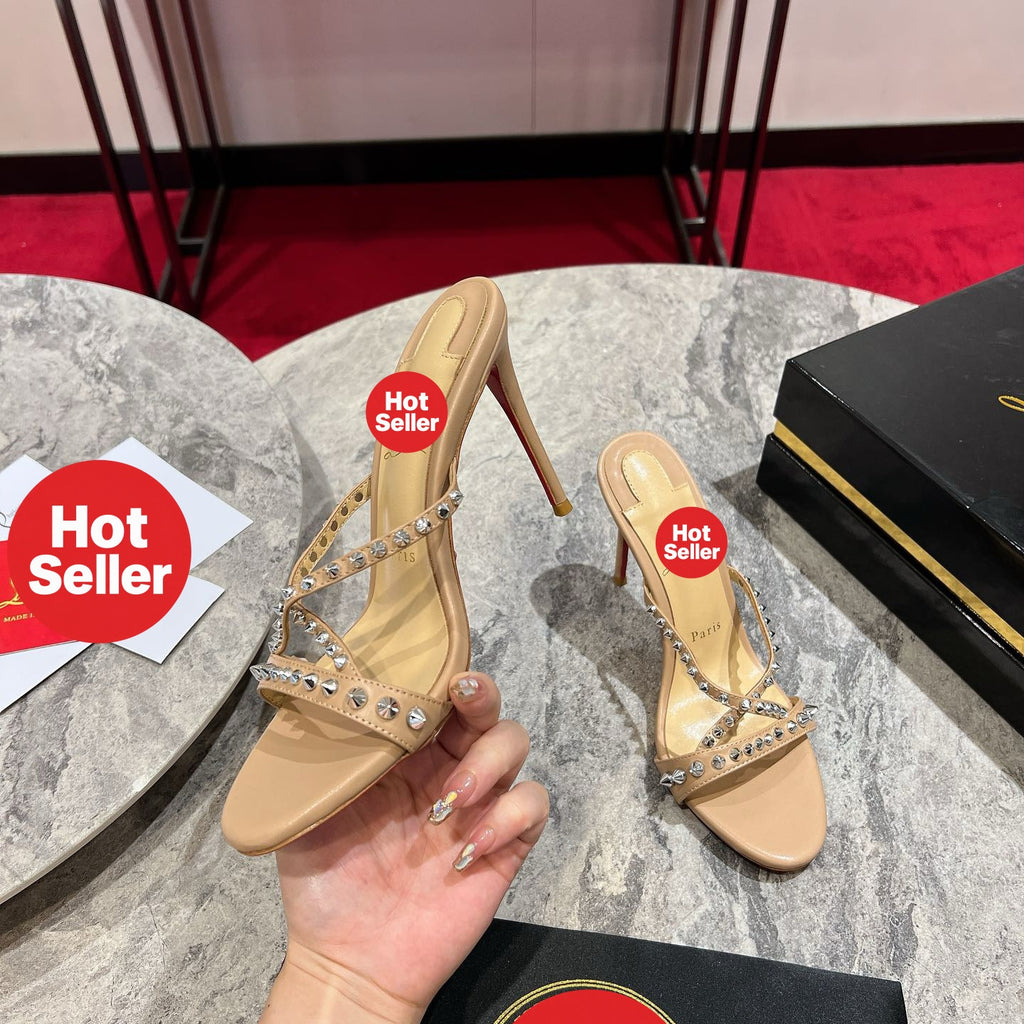 Crisscross-strap studded high-heeled mules (10cm heel)