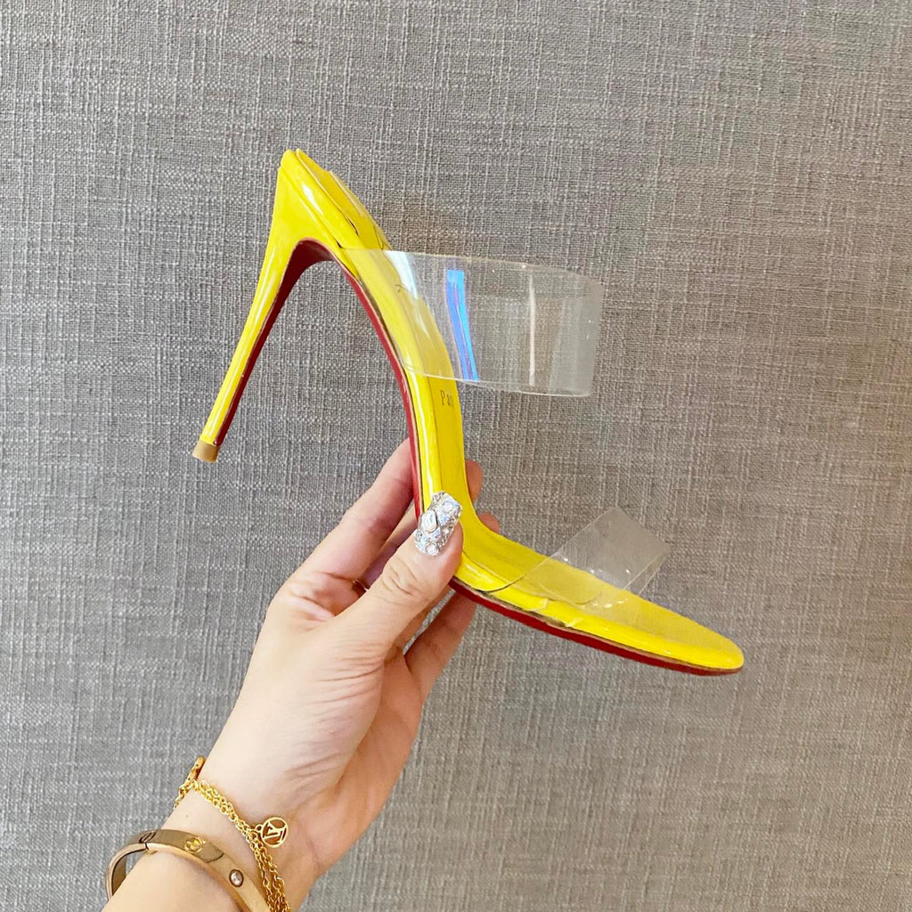 Yellow translucent high-heeled mules, 10cm heel.