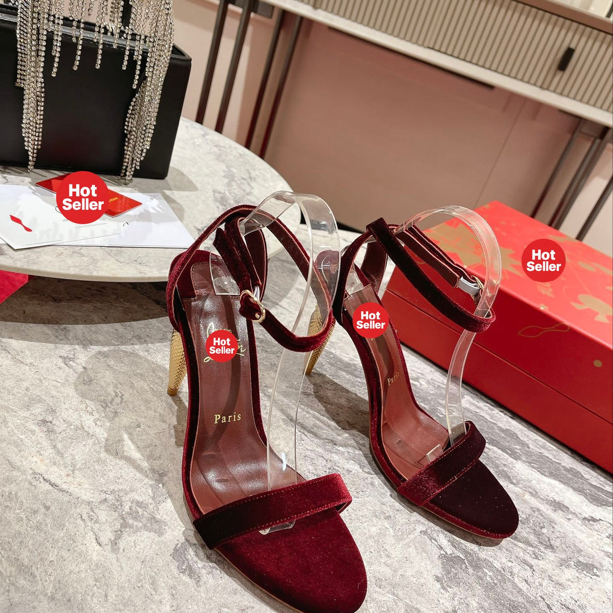 Red suede high heels, 10cm heel.