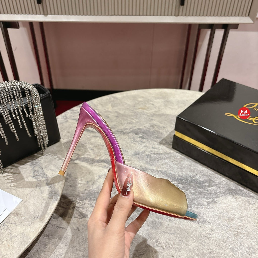 Peep-toe colorful high-heeled mules, 10cm heel.