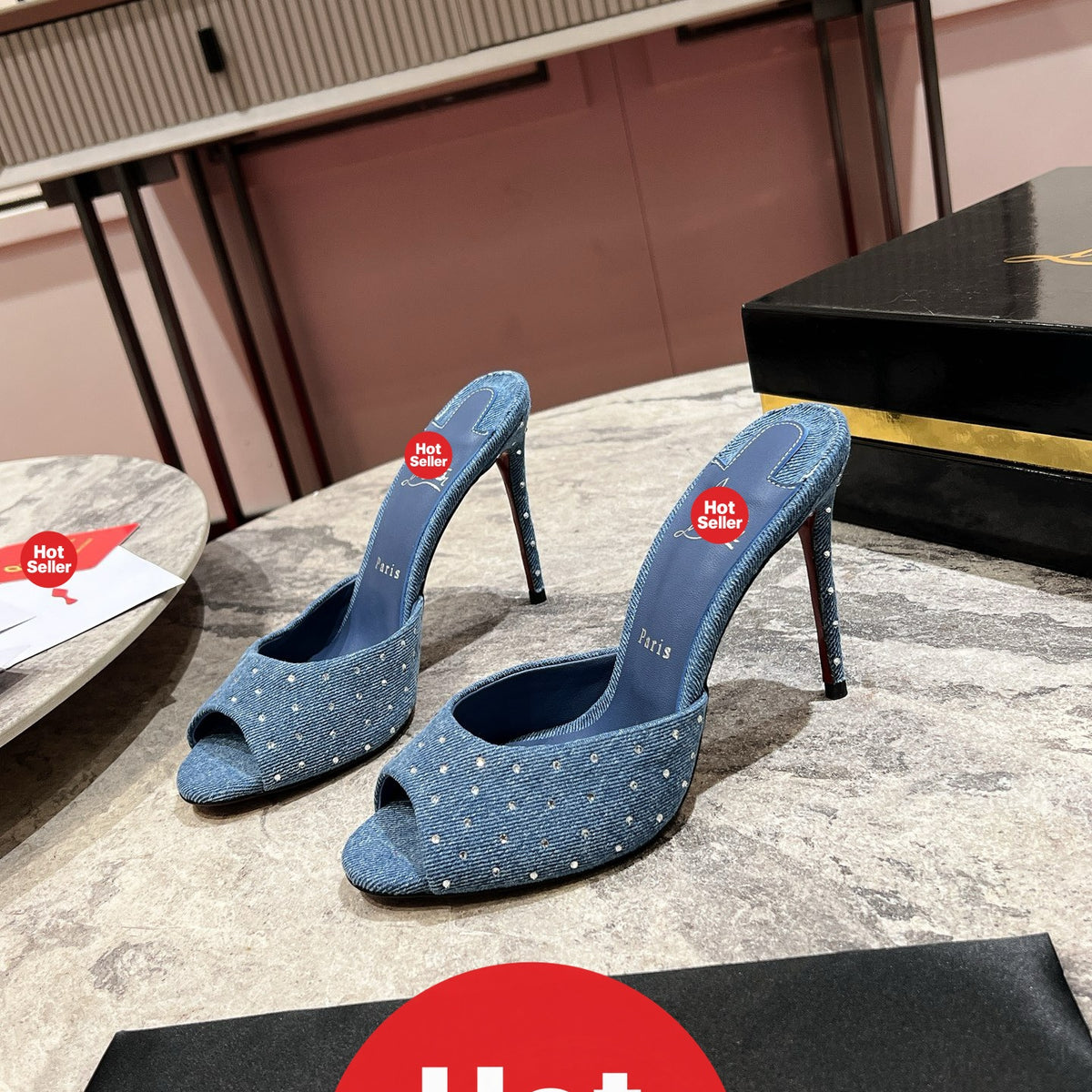 Denim high-heeled mules with rhinestone embellishments; 10cm heel.
