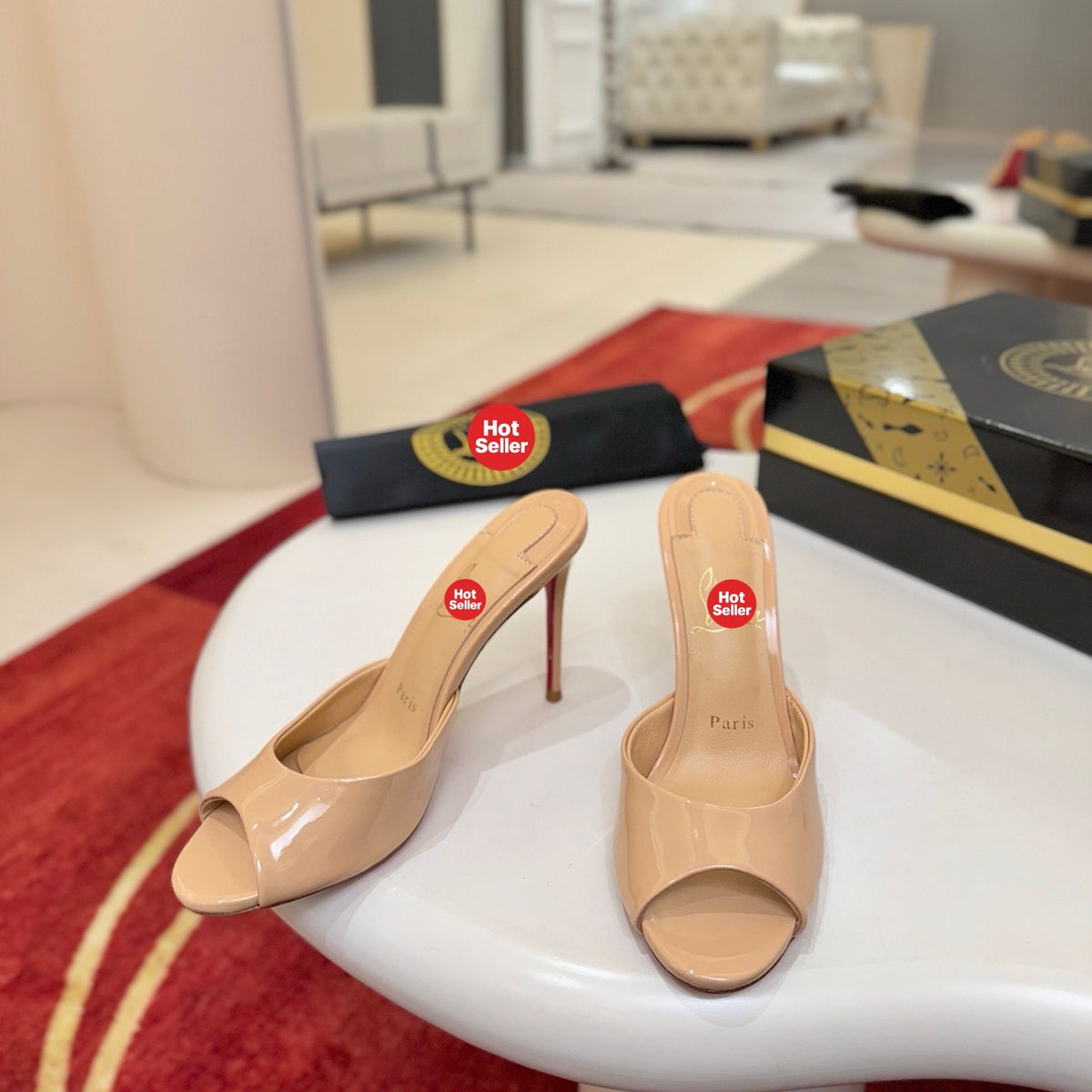 Beige patent leather peep-toe high-heeled mules, 10cm heel.