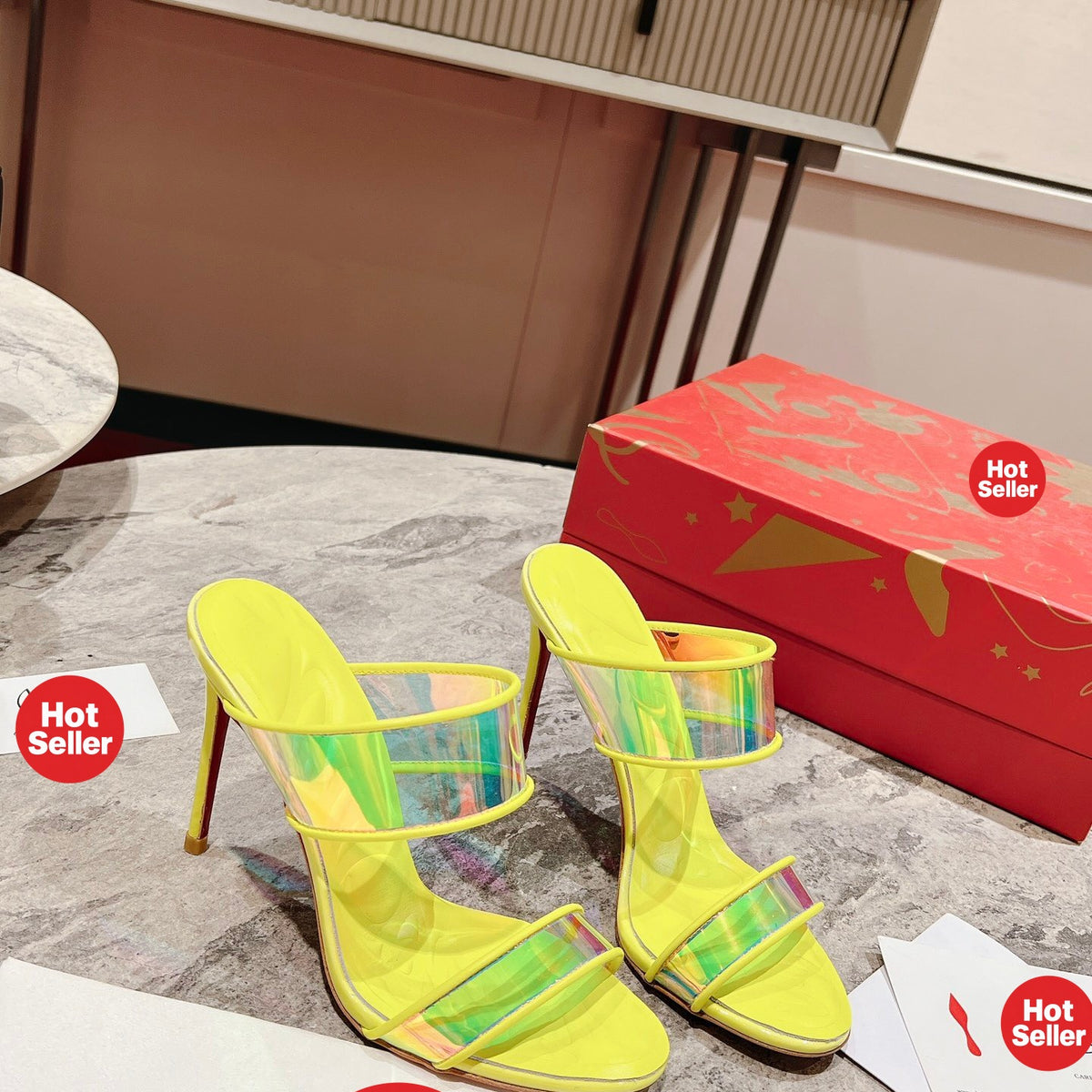 Yellow high-heeled mules, 10cm heel.