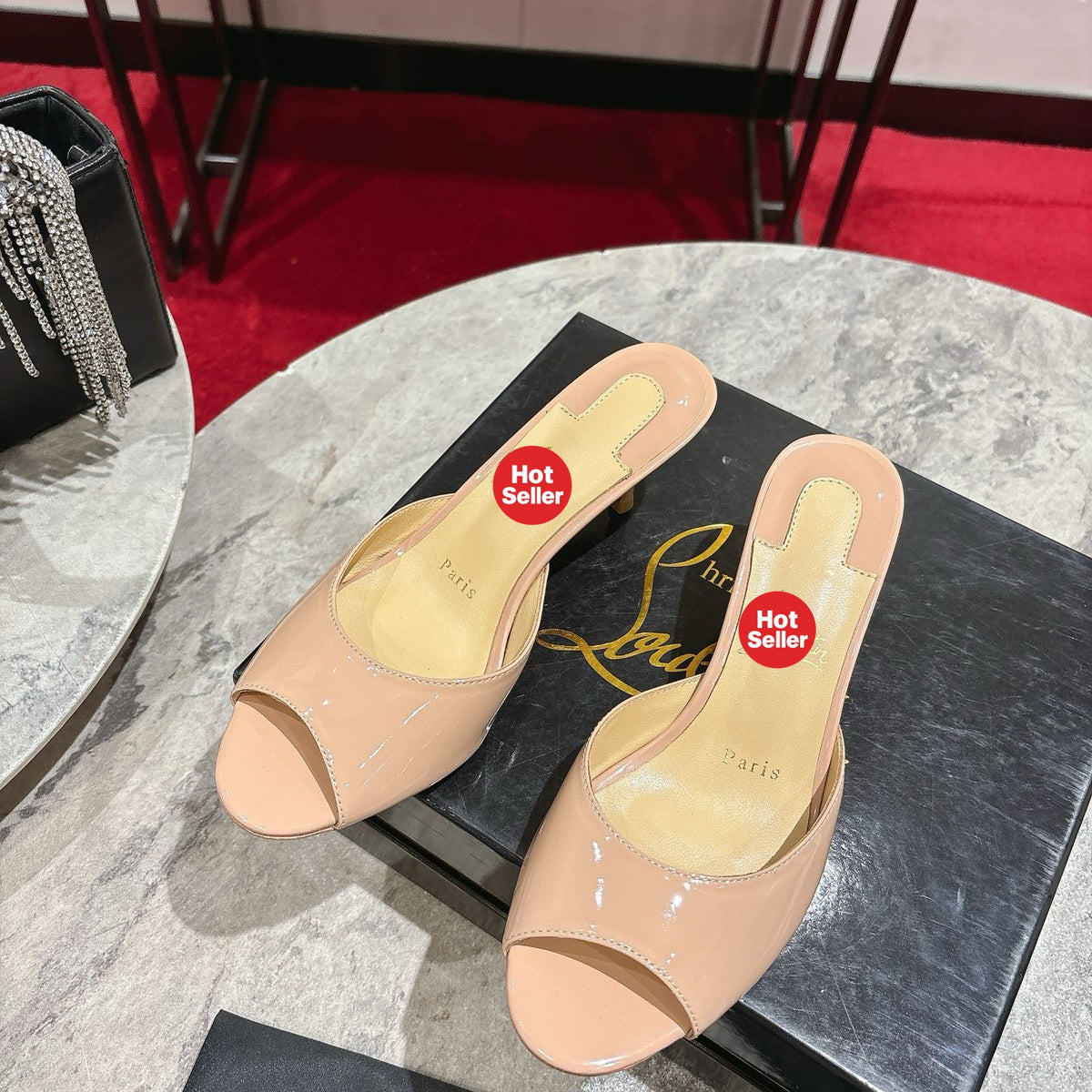 Apricot patent cowhide high-heeled mules, 8.5cm heel.