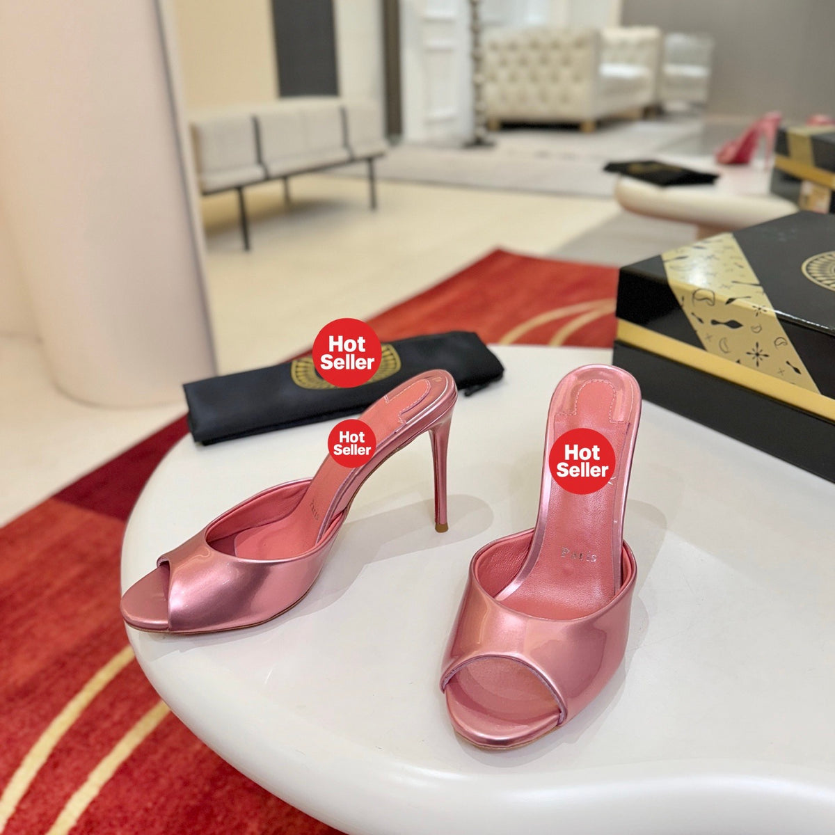 Peep-toe high-heeled mules, 10cm heel.