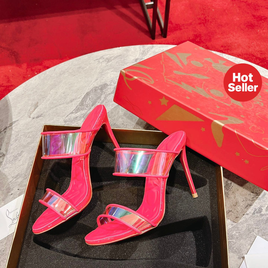 Magenta high-heeled mules, 10cm heel.