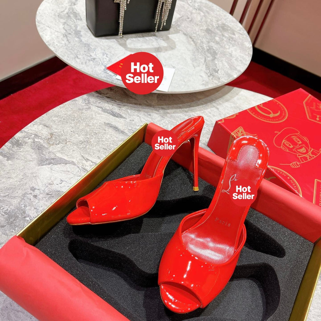 White patent leather peep-toe high-heeled mules, 10cm heel.