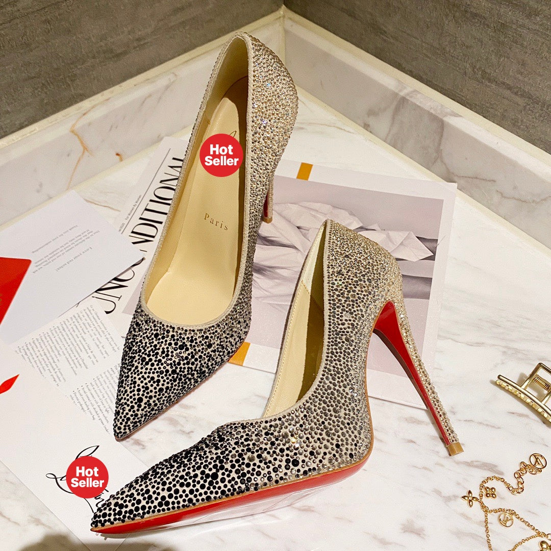 Fully rhinestone-encrusted high heels, 10cm heel.