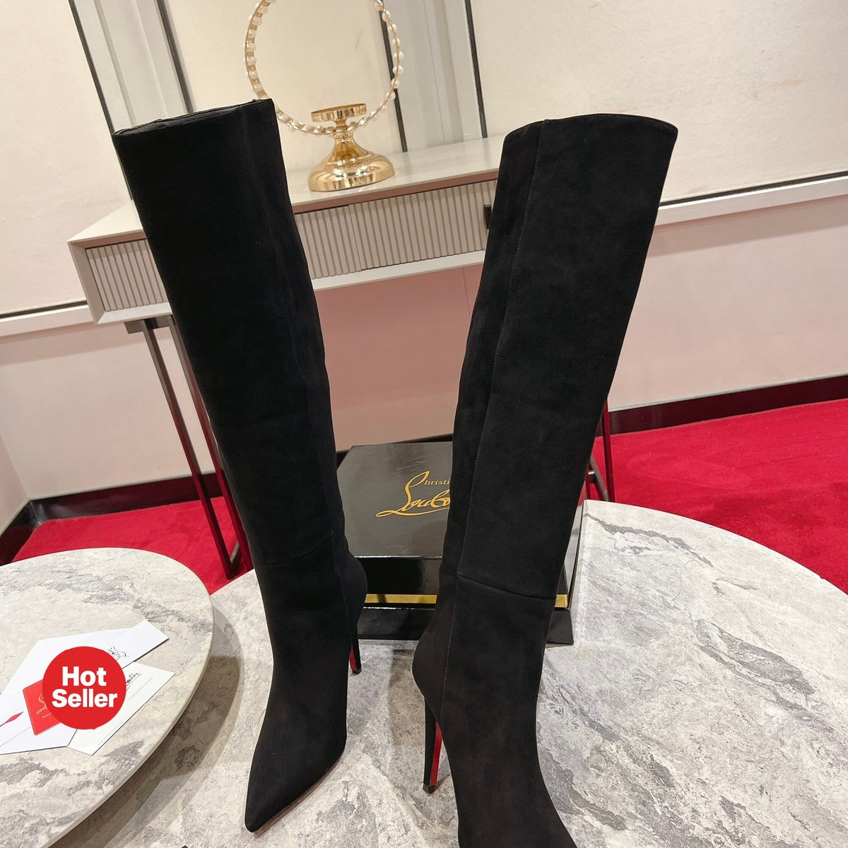 Black suede long boots, 10cm heel.