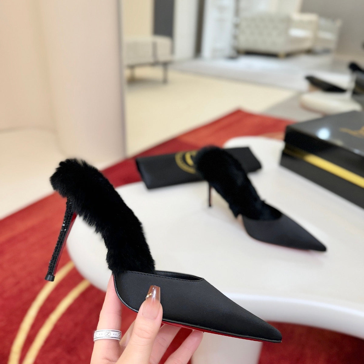 Black crystal high-heeled mules, 10cm heel.