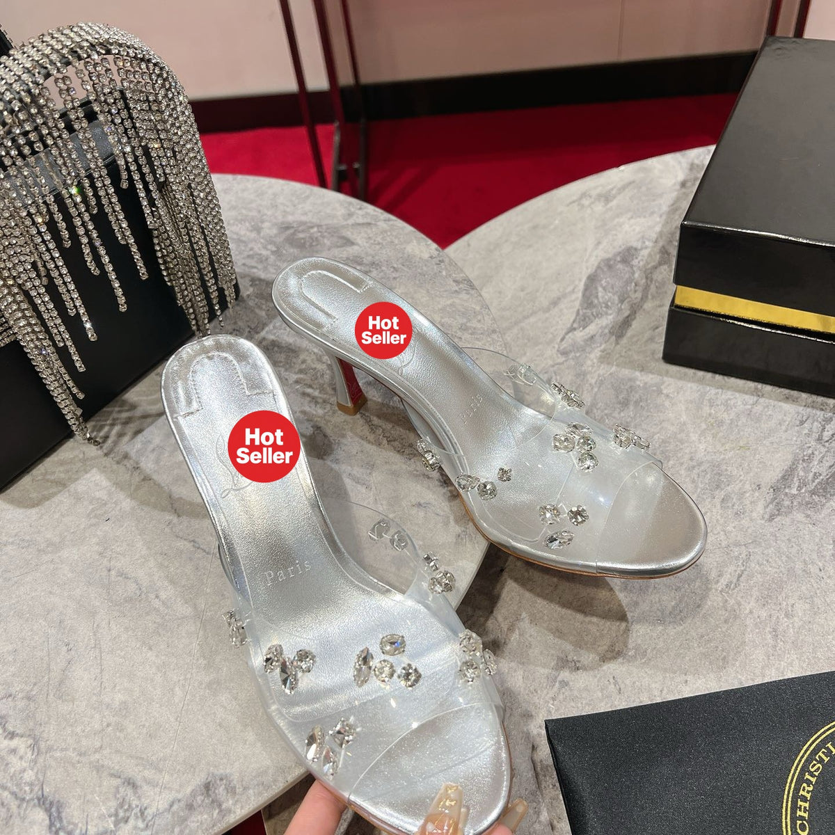 Crystal-embellished high-heeled slides (10cm heel)