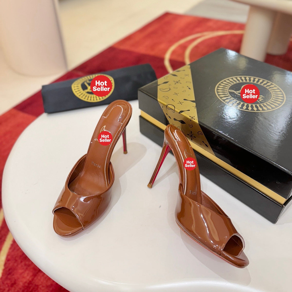 Brown patent leather peep-toe high-heeled mules, 10cm heel.
