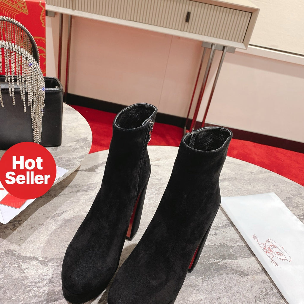 Black suede ankle boots, 13cm heel.