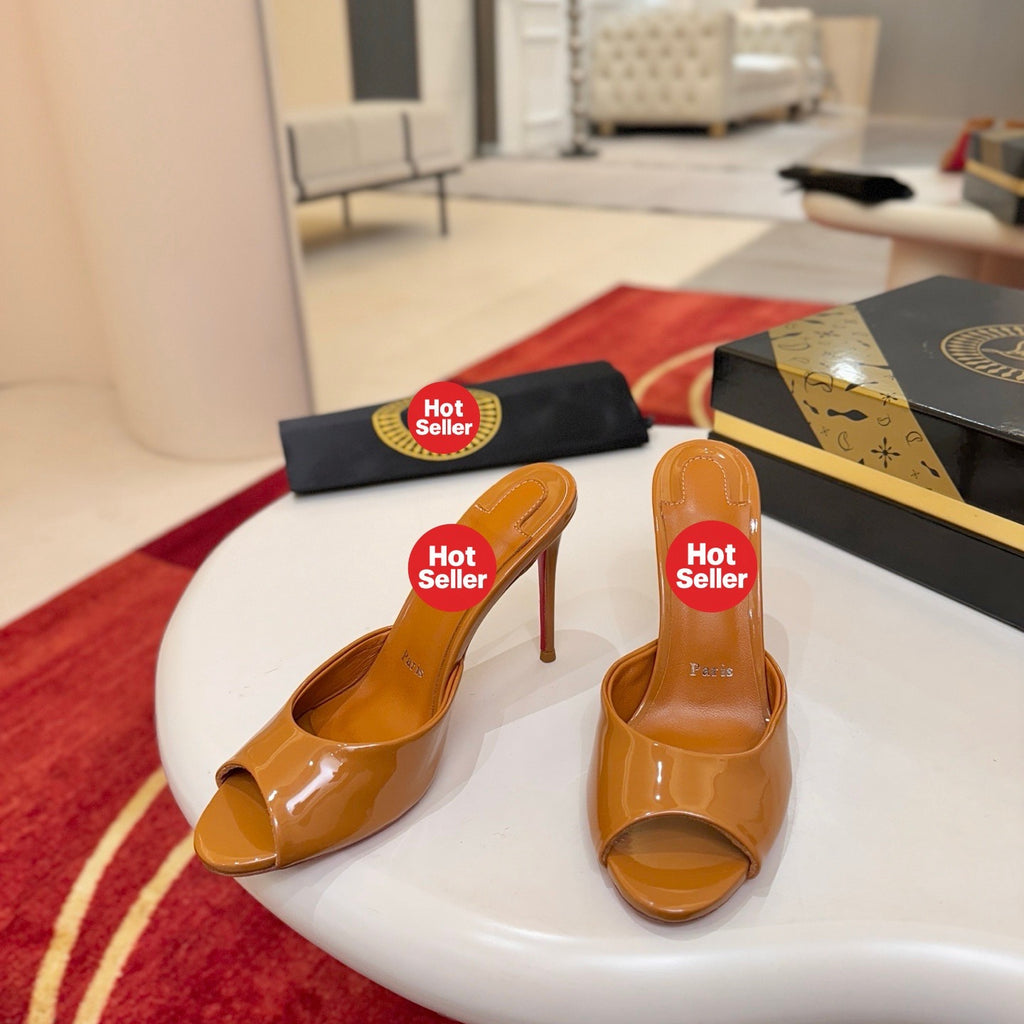Dark brown patent leather peep-toe high-heeled mules (10cm heel)