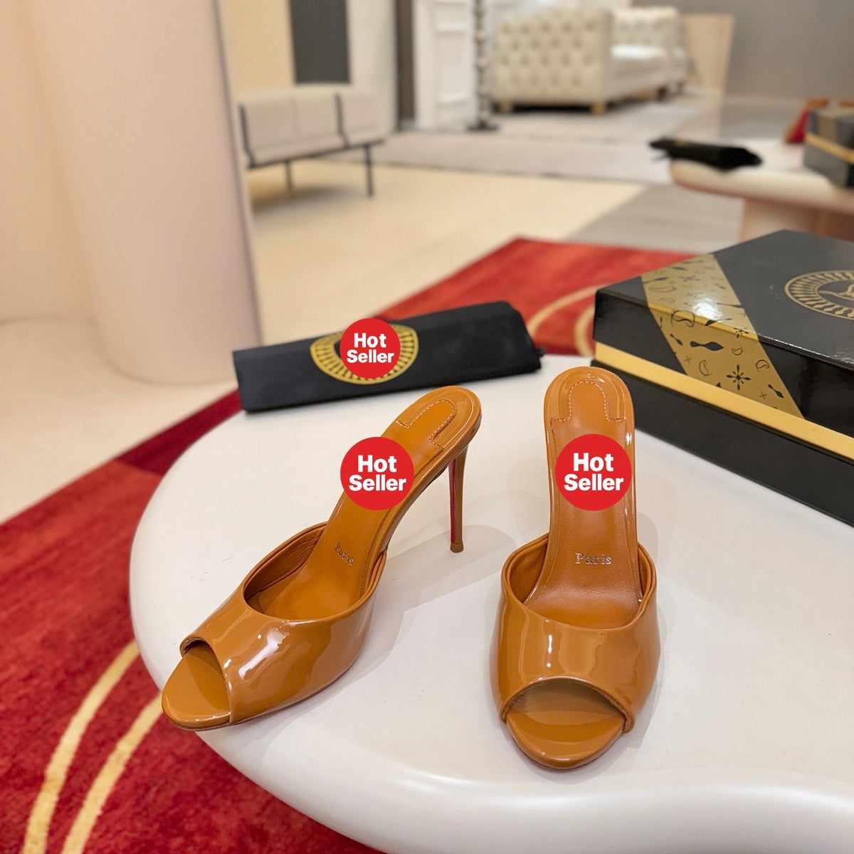 Dark brown patent leather peep-toe high-heeled mules (10cm heel)