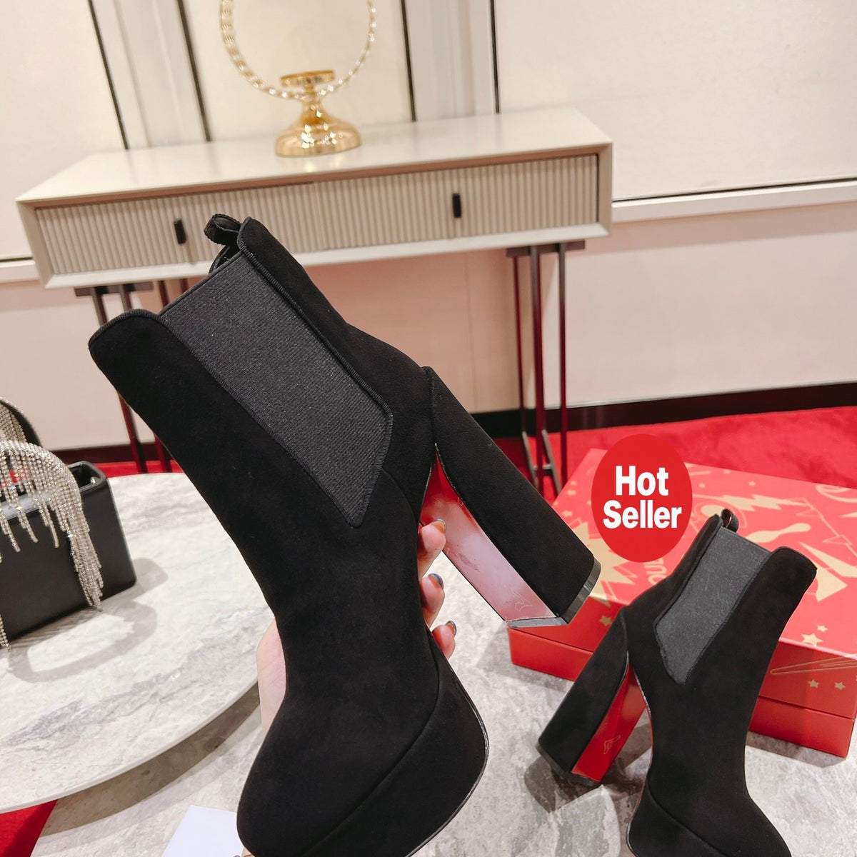 Black suede ankle boots, 13cm heel.