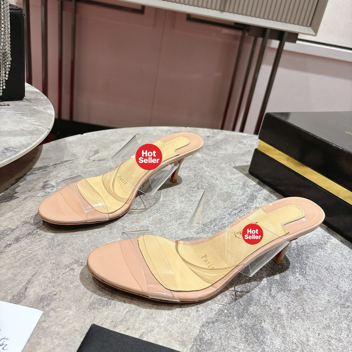 Clear high-heeled mules, 8.5cm heel.