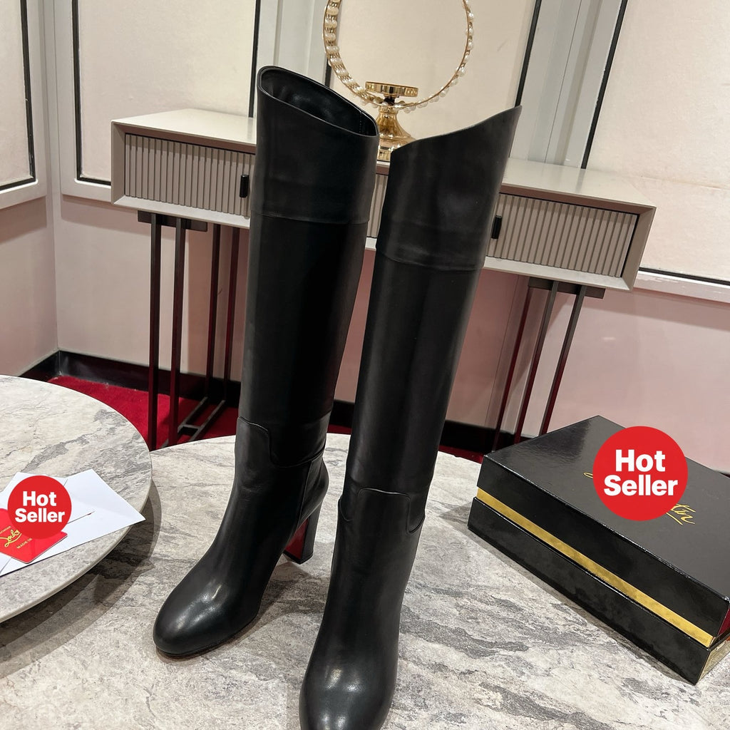 Black leather tall boots, 8.5cm heel.