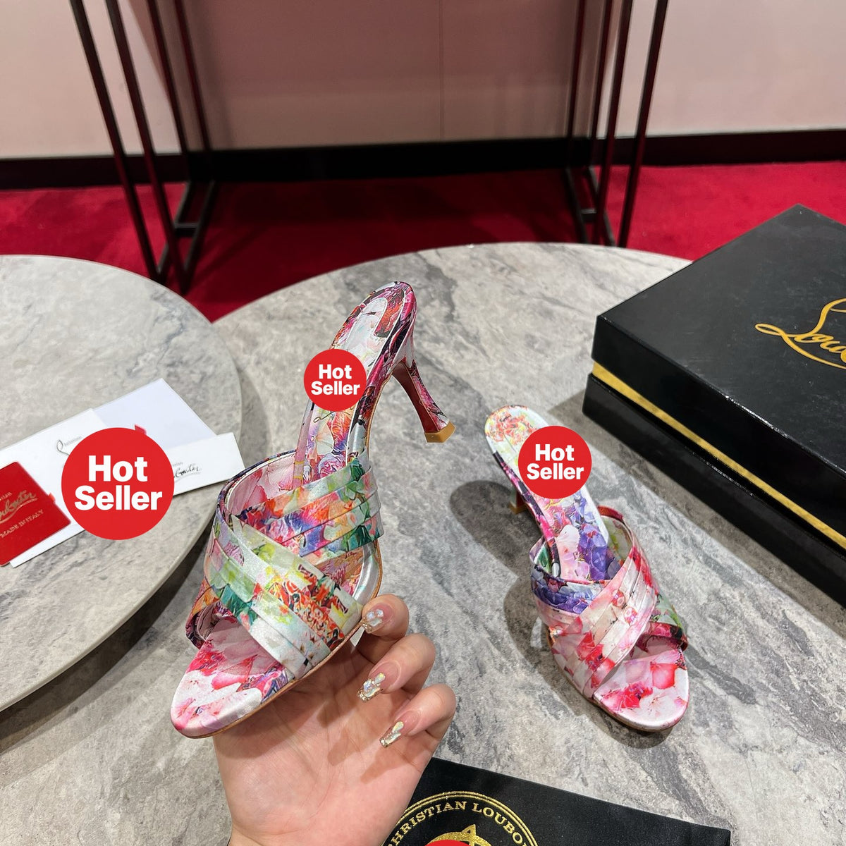 Printed high-heeled mules, 8.5cm heel.