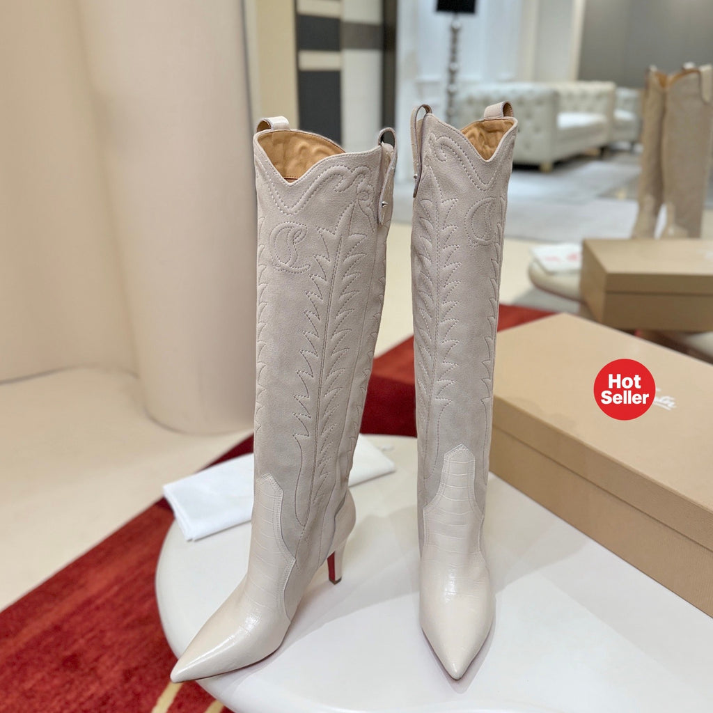 Hand-stitched denim tall boots with 8.5cm heels